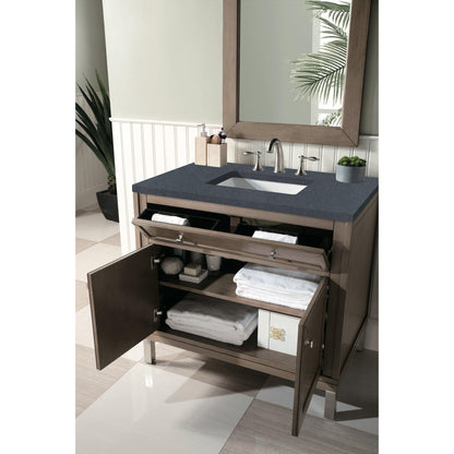 James Martin Chicago 36" Single Whitewashed Walnut Bathroom Vanity With 1" Charcoal Soapstone Quartz Top and Rectangular Ceramic Sink