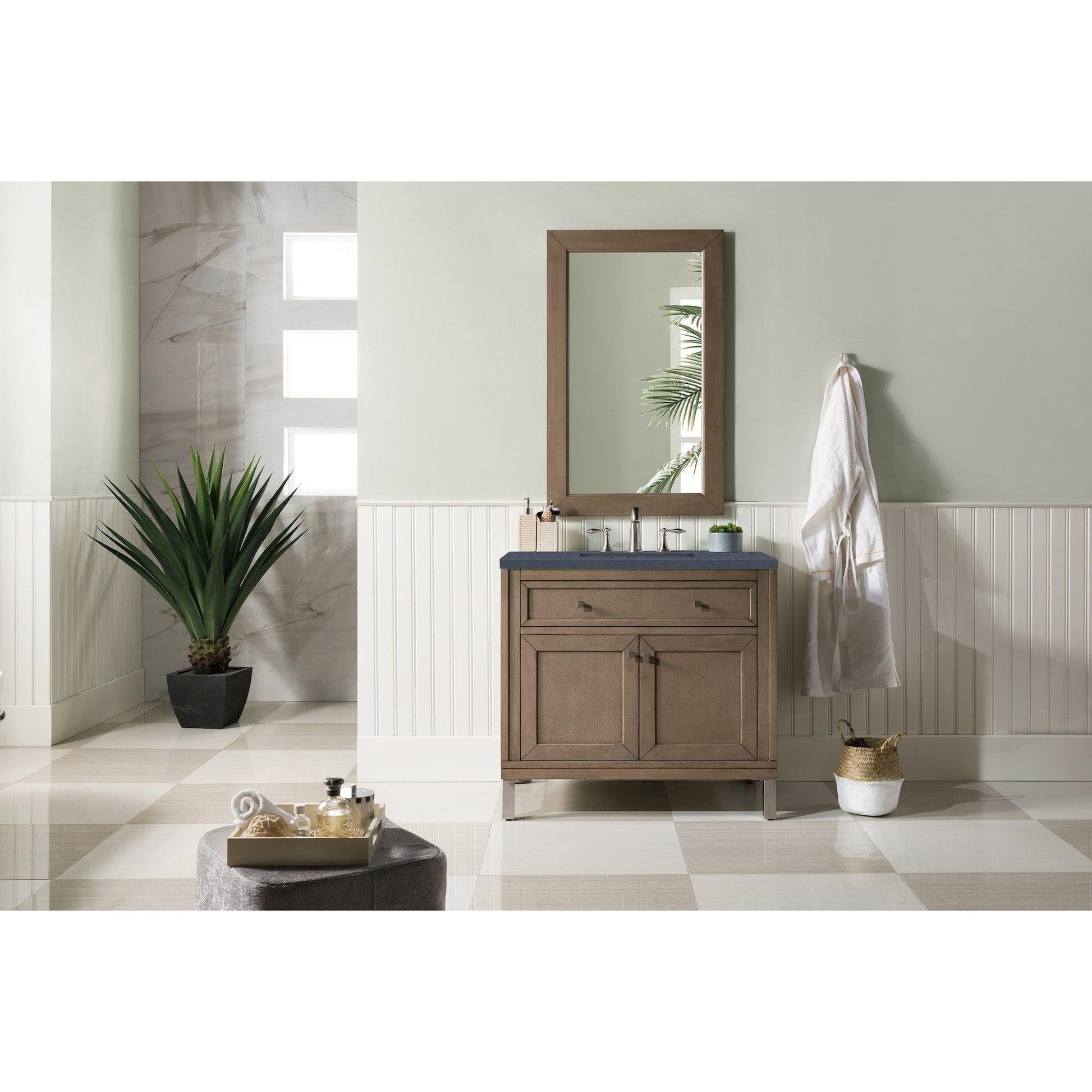 James Martin Chicago 36" Single Whitewashed Walnut Bathroom Vanity With 1" Charcoal Soapstone Quartz Top and Rectangular Ceramic Sink