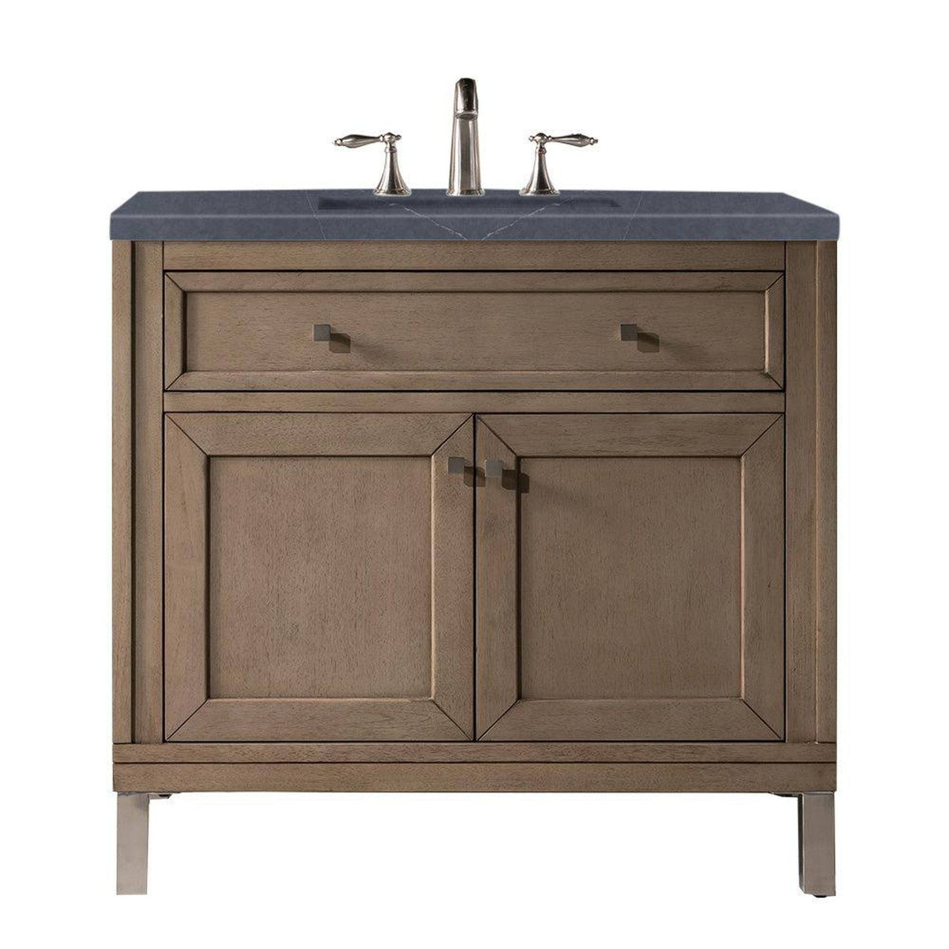 James Martin Chicago 36" Single Whitewashed Walnut Bathroom Vanity With 1" Charcoal Soapstone Quartz Top and Rectangular Ceramic Sink