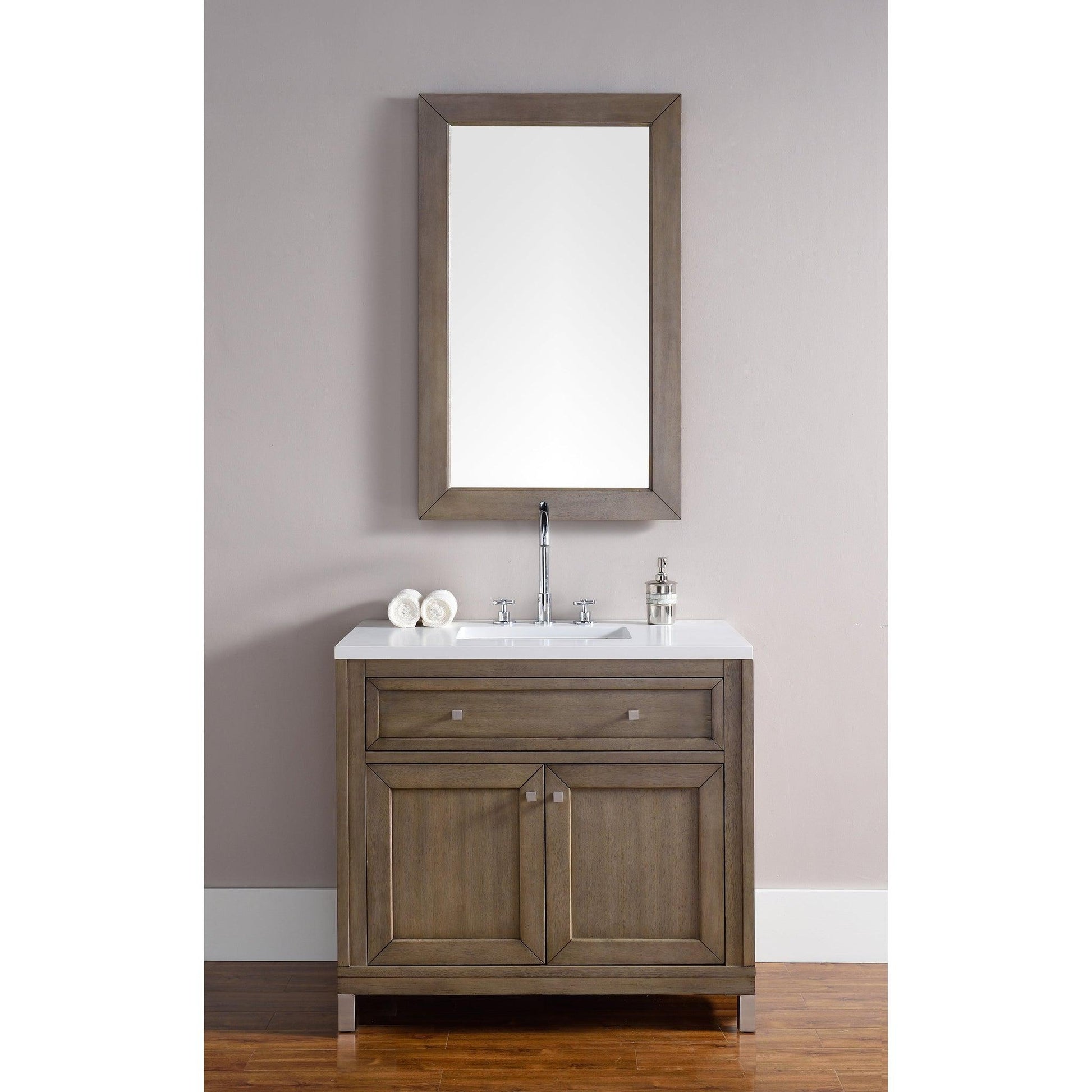 James Martin Chicago 36" Single Whitewashed Walnut Bathroom Vanity With 1" Classic White Quartz Top and Rectangular Ceramic Sink