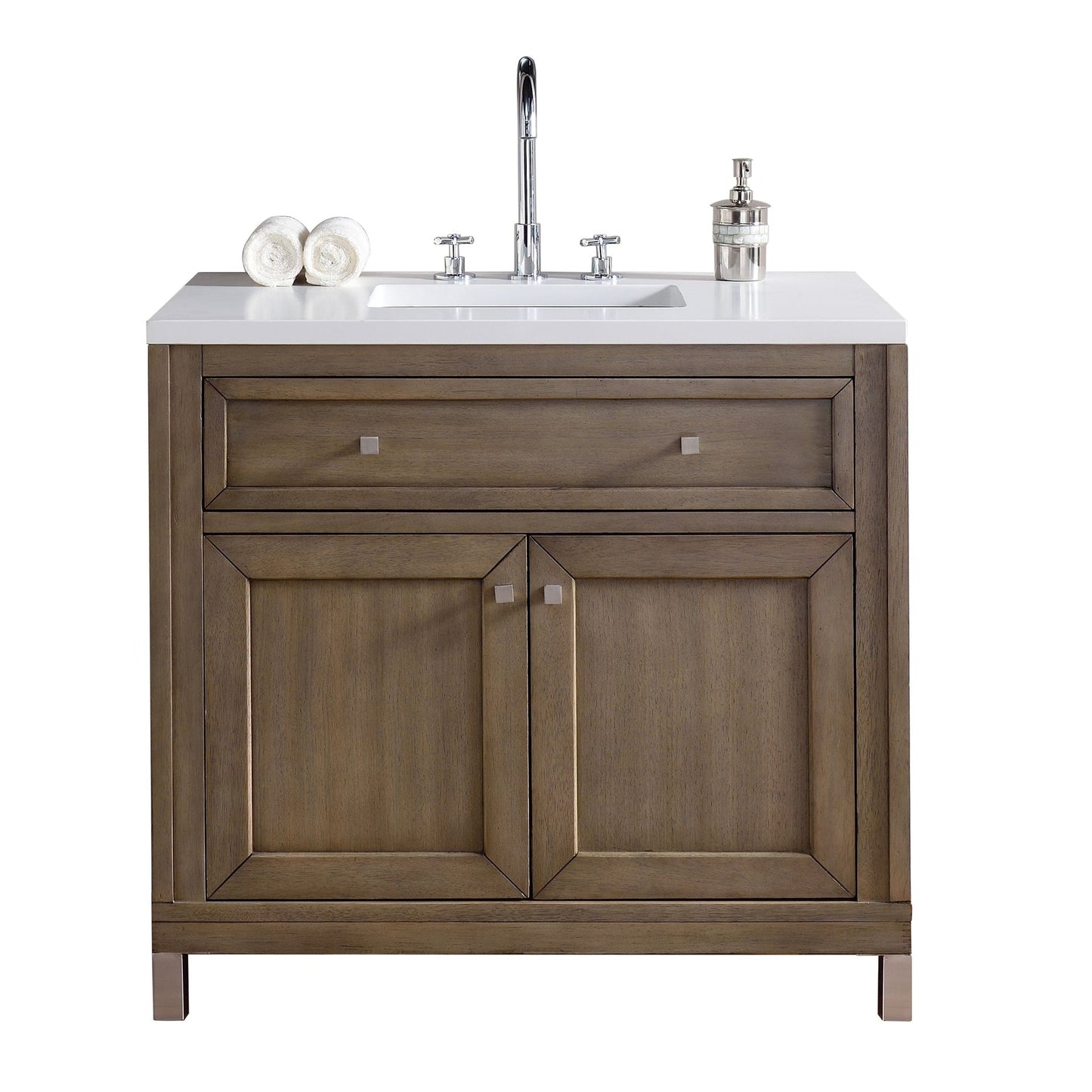 James Martin Chicago 36" Single Whitewashed Walnut Bathroom Vanity With 1" Classic White Quartz Top and Rectangular Ceramic Sink