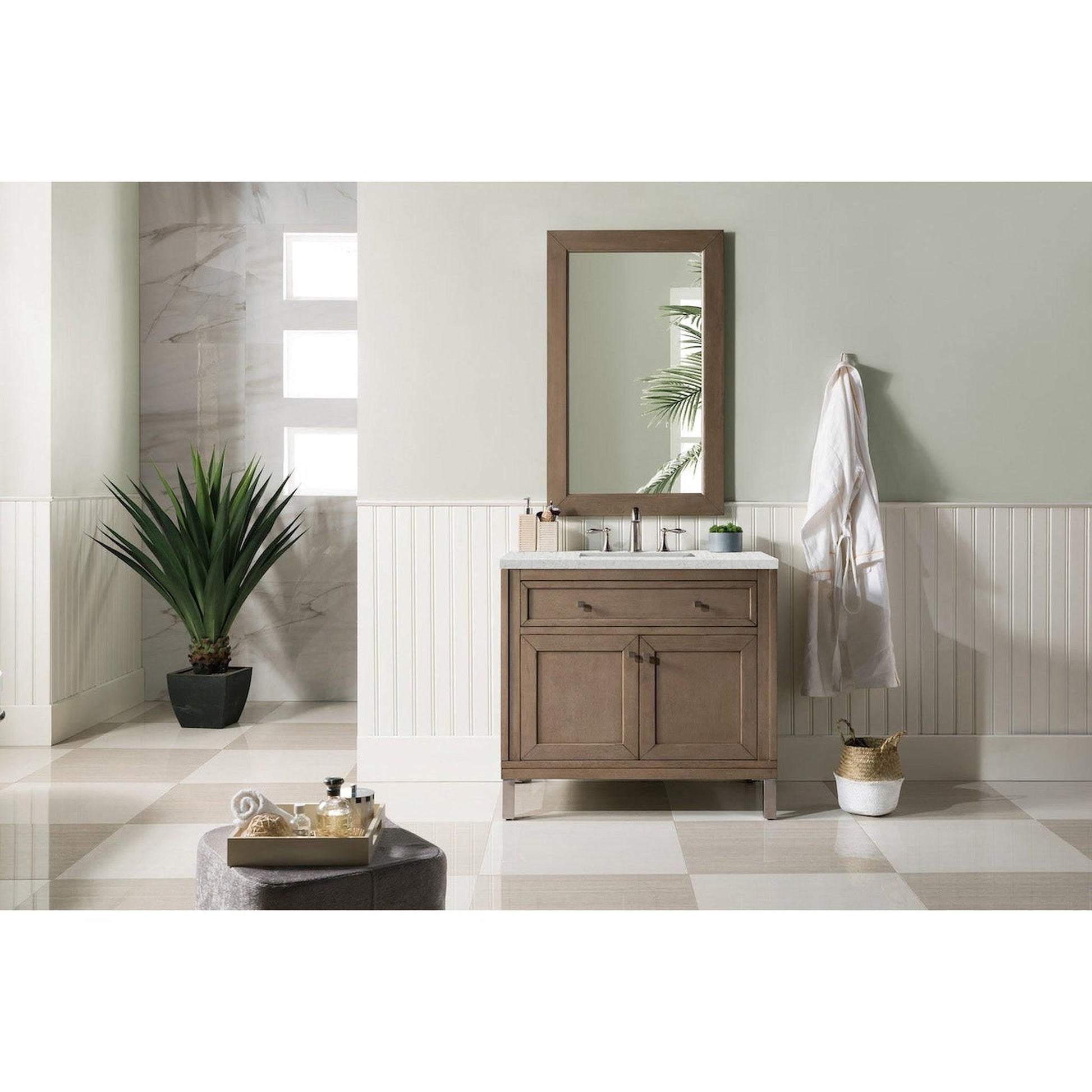 James Martin Chicago 36" Single Whitewashed Walnut Bathroom Vanity With 1" Eternal Jasmine Pearl Quartz Top and Rectangular Ceramic Sink