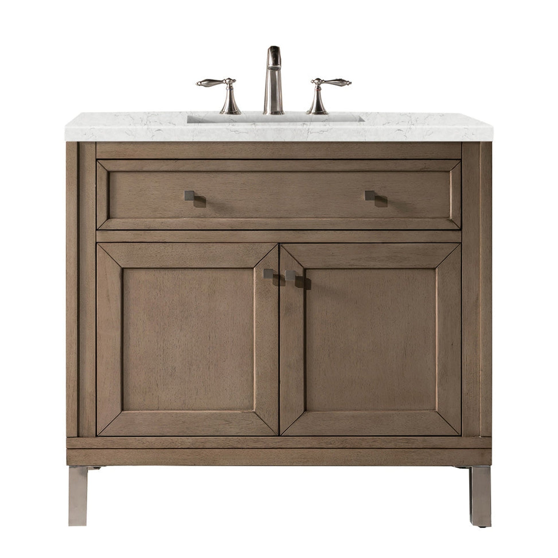 James Martin Chicago 36" Single Whitewashed Walnut Bathroom Vanity With 1" Eternal Jasmine Pearl Quartz Top and Rectangular Ceramic Sink