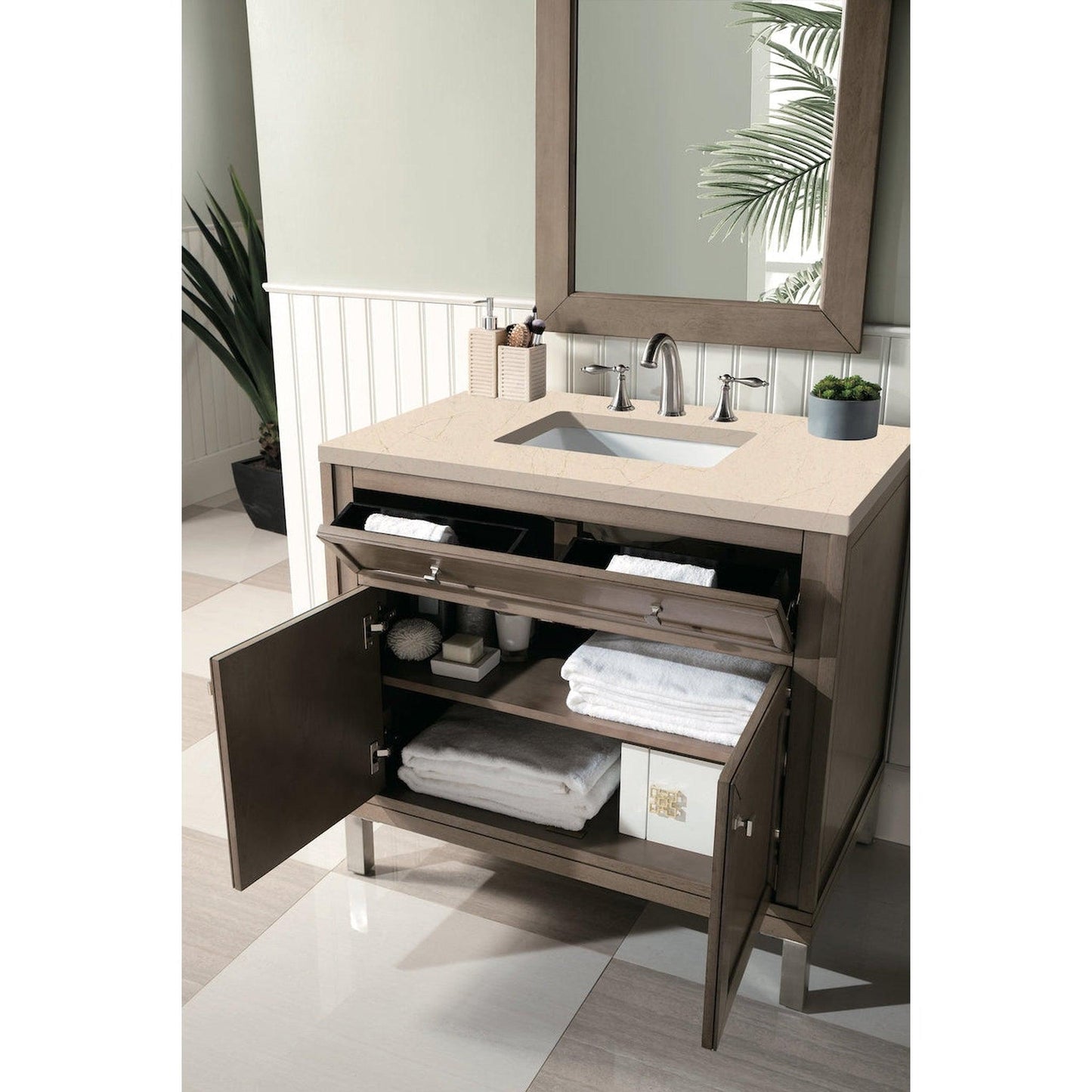 James Martin Chicago 36" Single Whitewashed Walnut Bathroom Vanity With 1" Eternal Marfil Quartz Top and Rectangular Ceramic Sink