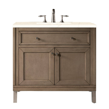 James Martin Chicago 36" Single Whitewashed Walnut Bathroom Vanity With 1" Eternal Marfil Quartz Top and Rectangular Ceramic Sink