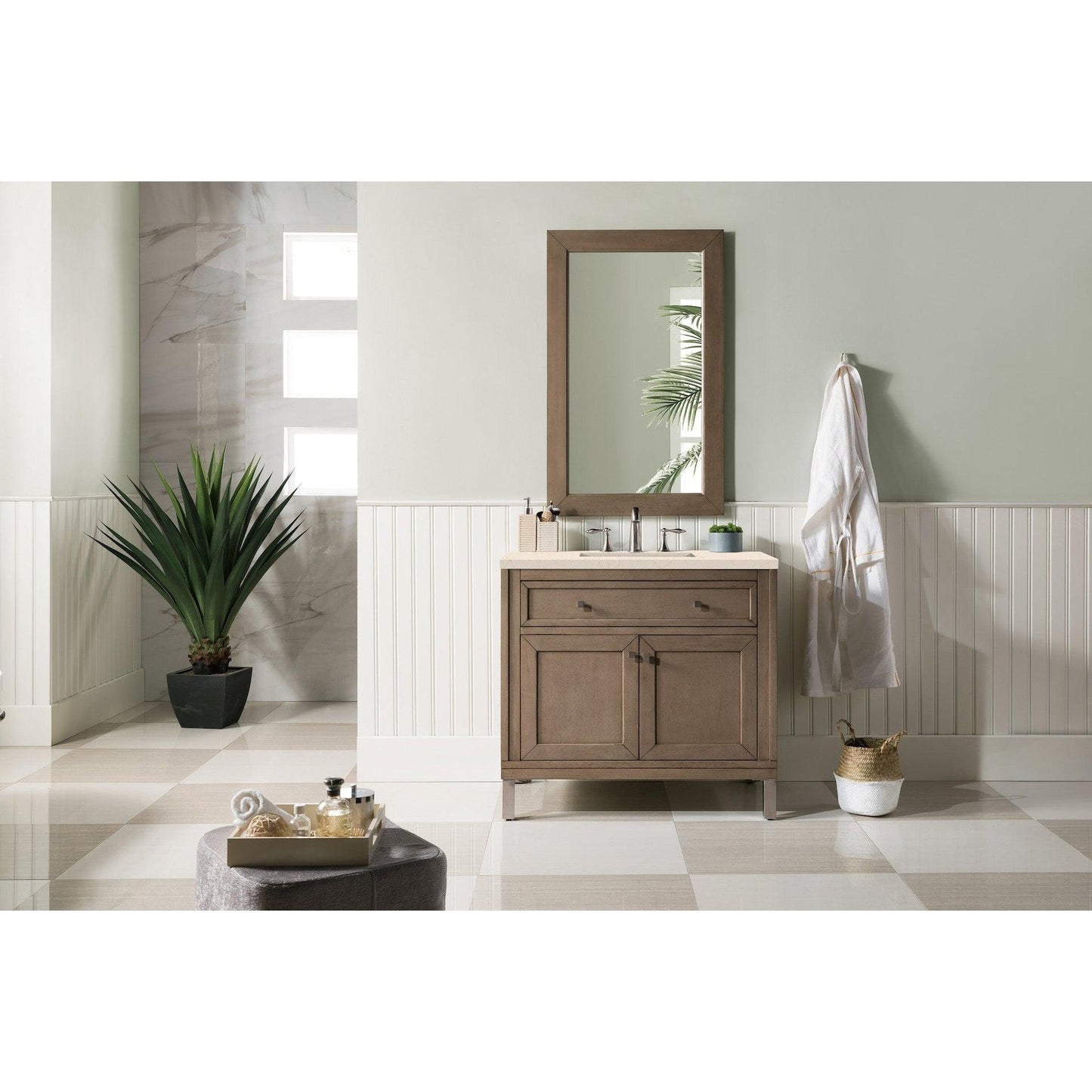 James Martin Chicago 36" Single Whitewashed Walnut Bathroom Vanity With 1" Eternal Serena Quartz Top and Rectangular Ceramic Sink
