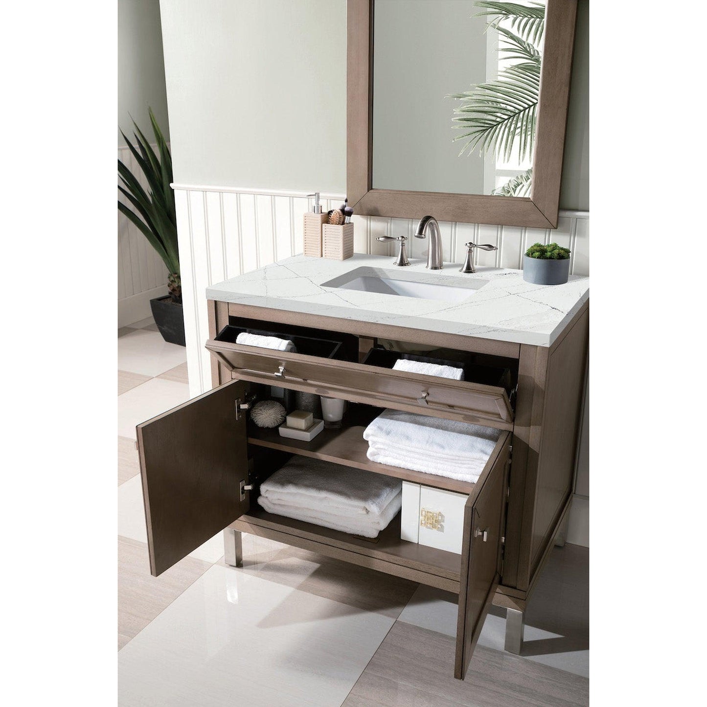 James Martin Chicago 36" Single Whitewashed Walnut Bathroom Vanity With 1" Ethereal Noctis Quartz Top and Rectangular Ceramic Sink