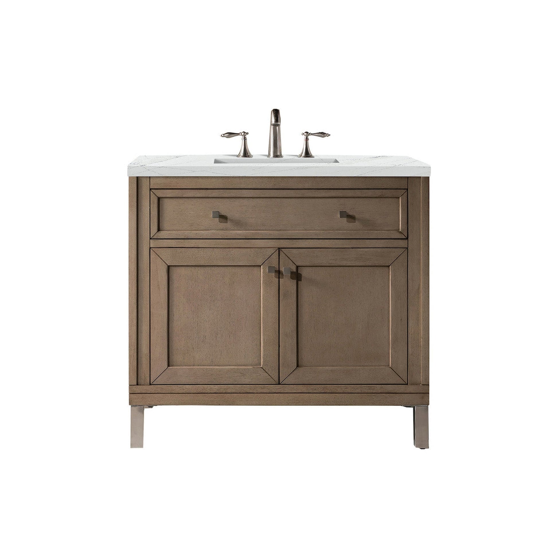 James Martin Chicago 36" Single Whitewashed Walnut Bathroom Vanity With 1" Ethereal Noctis Quartz Top and Rectangular Ceramic Sink