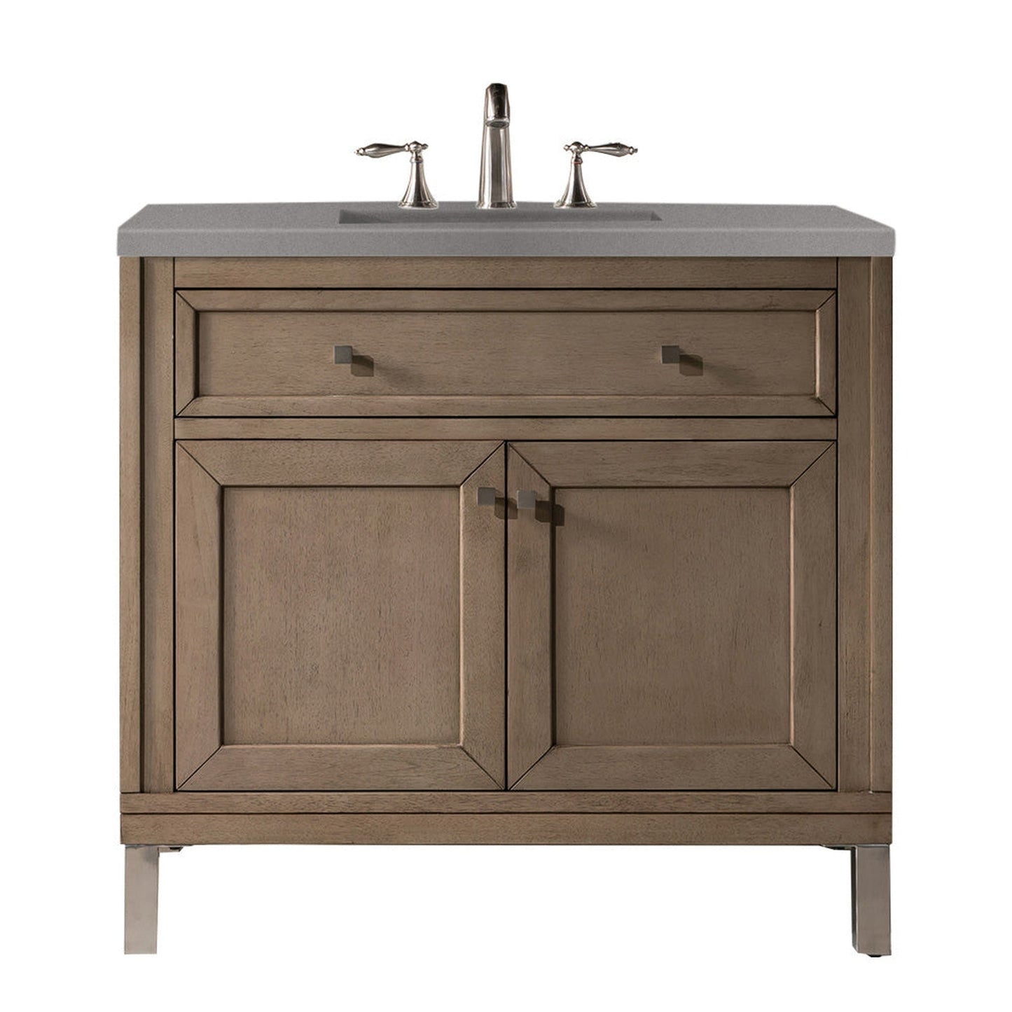 James Martin Chicago 36" Single Whitewashed Walnut Bathroom Vanity With 1" Gray Expo Quartz Top and Rectangular Ceramic Sink