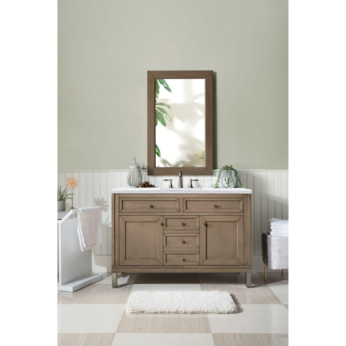 James Martin Chicago 48" Single Whitewashed Walnut Bathroom Vanity With 1" Arctic Fall Solid Surface Top and Rectangular Ceramic Sink