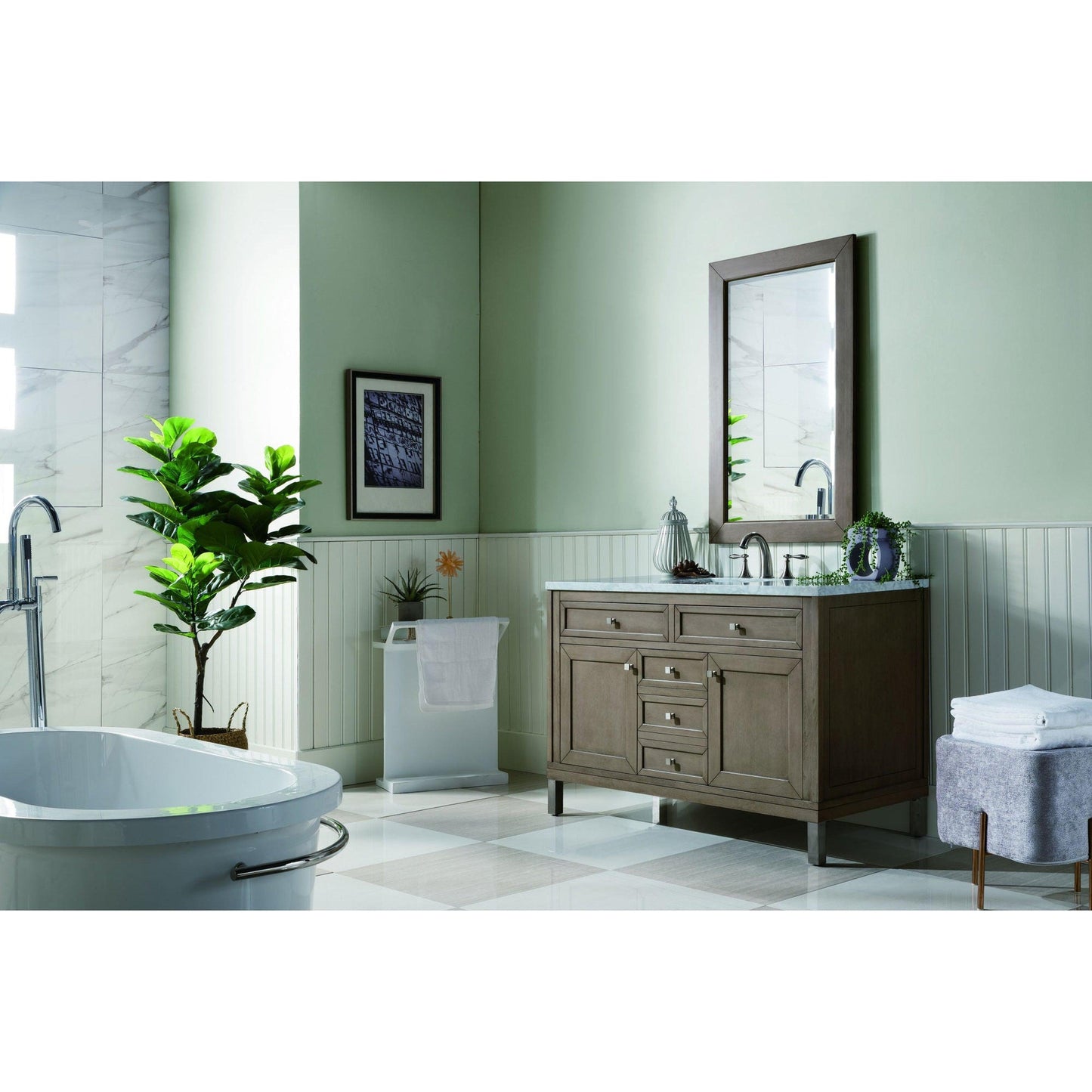 James Martin Chicago 48" Single Whitewashed Walnut Bathroom Vanity With 1" Carrara Marble Top and Rectangular Ceramic Sink