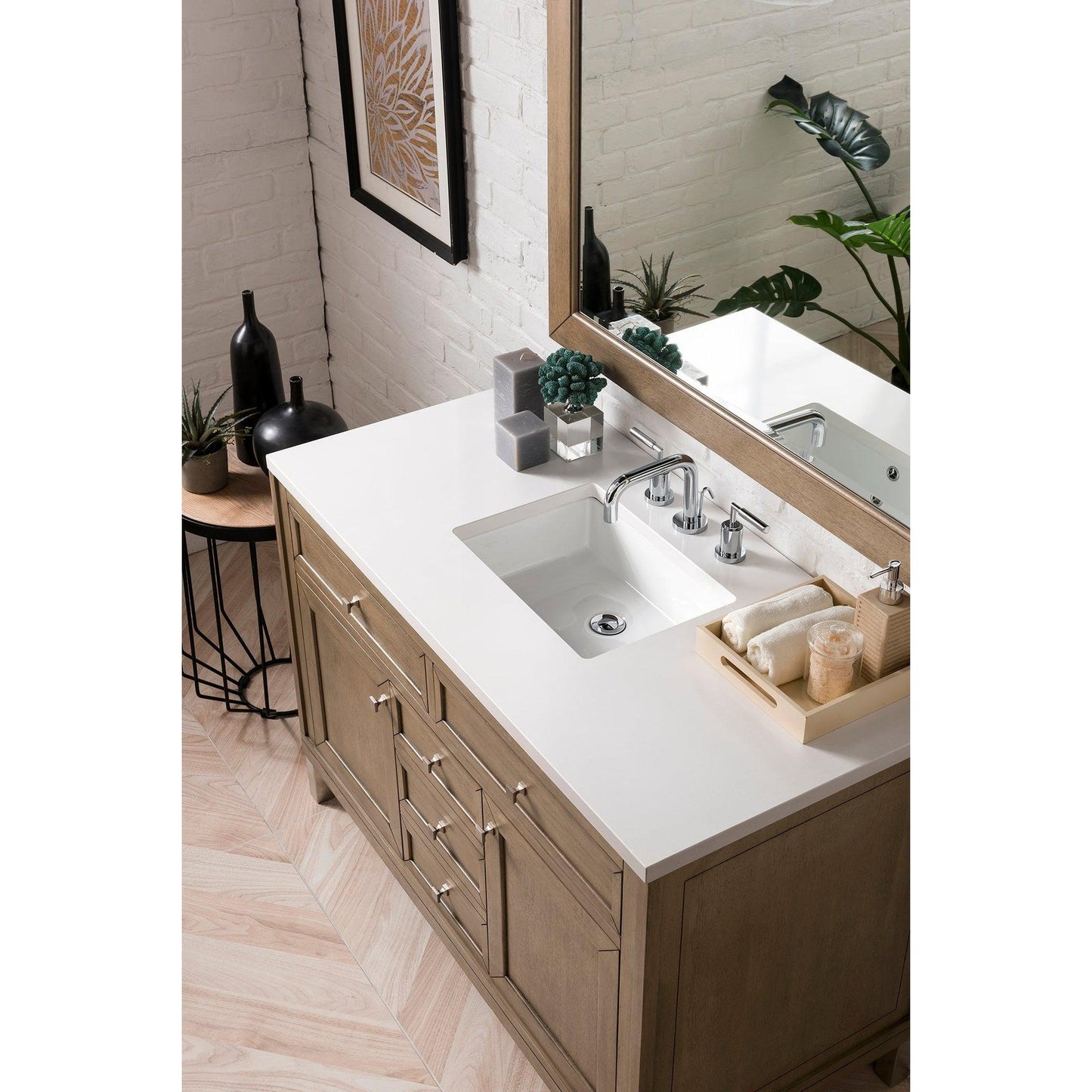 James Martin Chicago 48" Single Whitewashed Walnut Bathroom Vanity With 1" Classic White Quartz Top and Rectangular Ceramic Sink