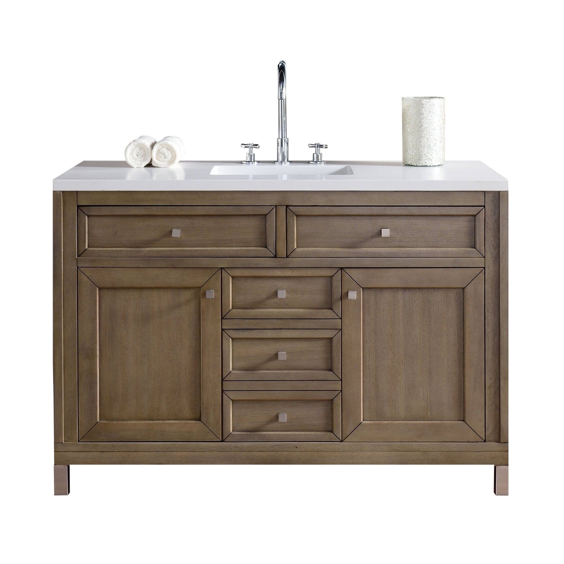 James Martin Chicago 48" Single Whitewashed Walnut Bathroom Vanity With 1" Classic White Quartz Top and Rectangular Ceramic Sink