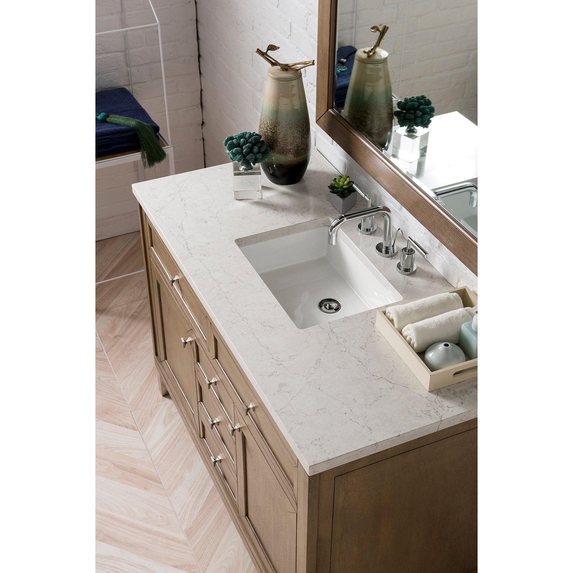 James Martin Chicago 48" Single Whitewashed Walnut Bathroom Vanity With 1" Eternal Jasmine Pearl Quartz Top and Rectangular Ceramic Sink