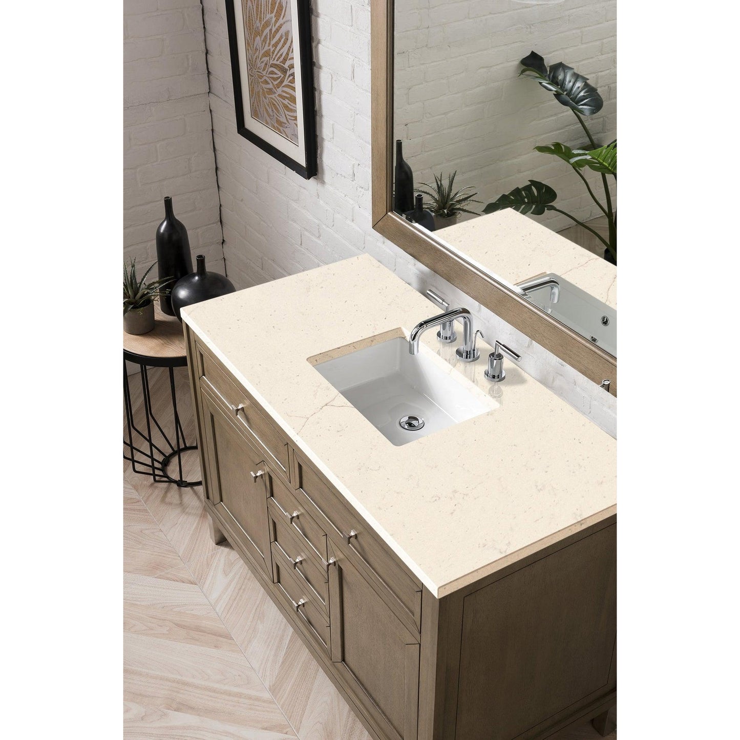 James Martin Chicago 48" Single Whitewashed Walnut Bathroom Vanity With 1" Eternal Marfil Quartz Top and Rectangular Ceramic Sink