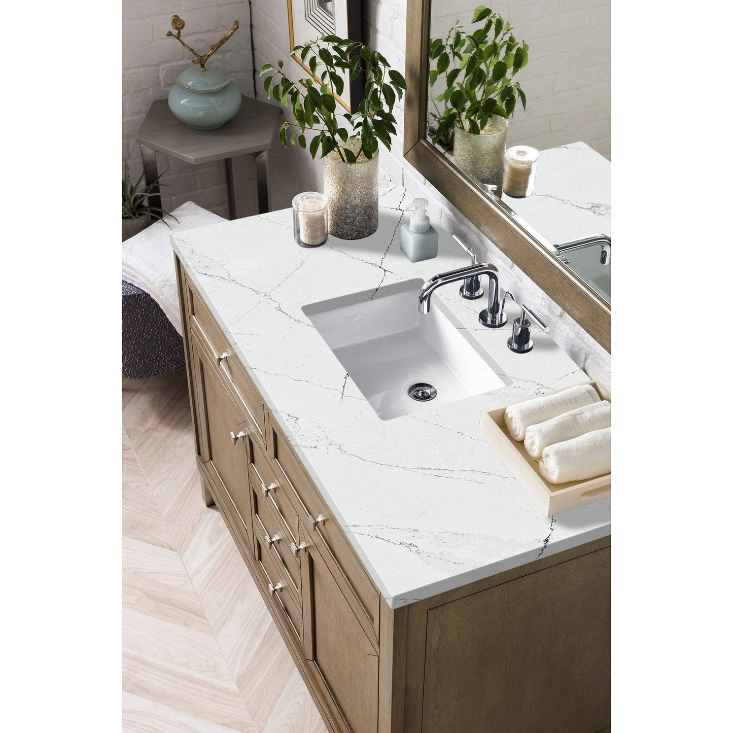 James Martin Chicago 48" Single Whitewashed Walnut Bathroom Vanity With 1" Ethereal Noctis Quartz Top and Rectangular Ceramic Sink