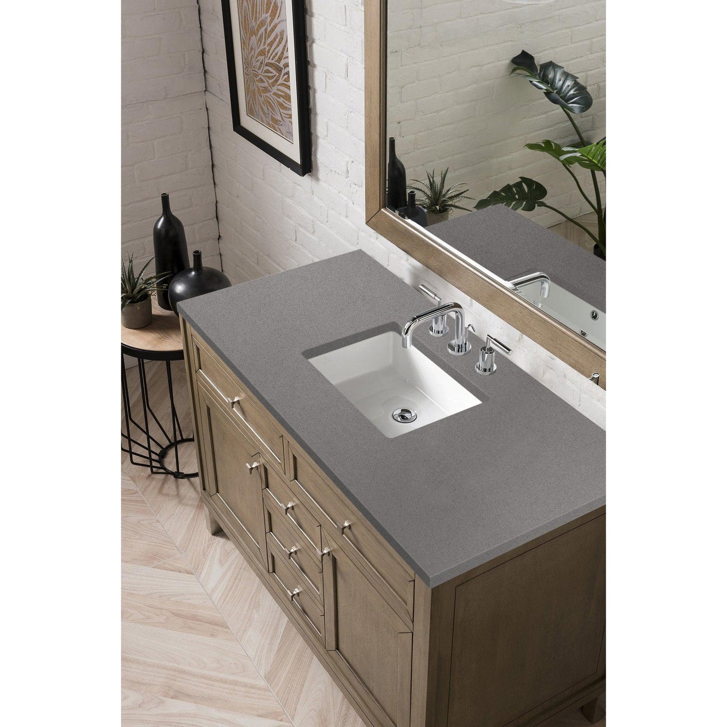 James Martin Chicago 48" Single Whitewashed Walnut Bathroom Vanity With 1" Gray Expo Quartz Top and Rectangular Ceramic Sink