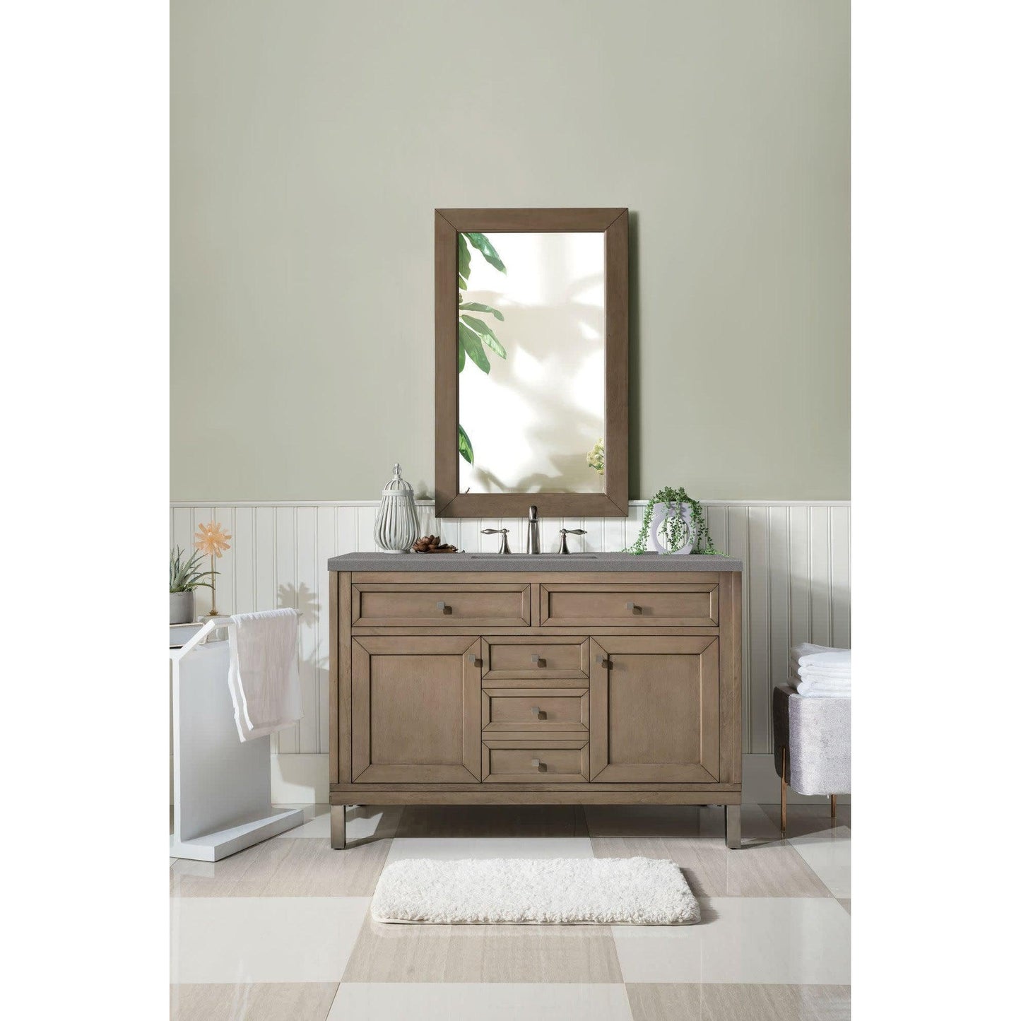 James Martin Chicago 48" Single Whitewashed Walnut Bathroom Vanity With 1" Gray Expo Quartz Top and Rectangular Ceramic Sink