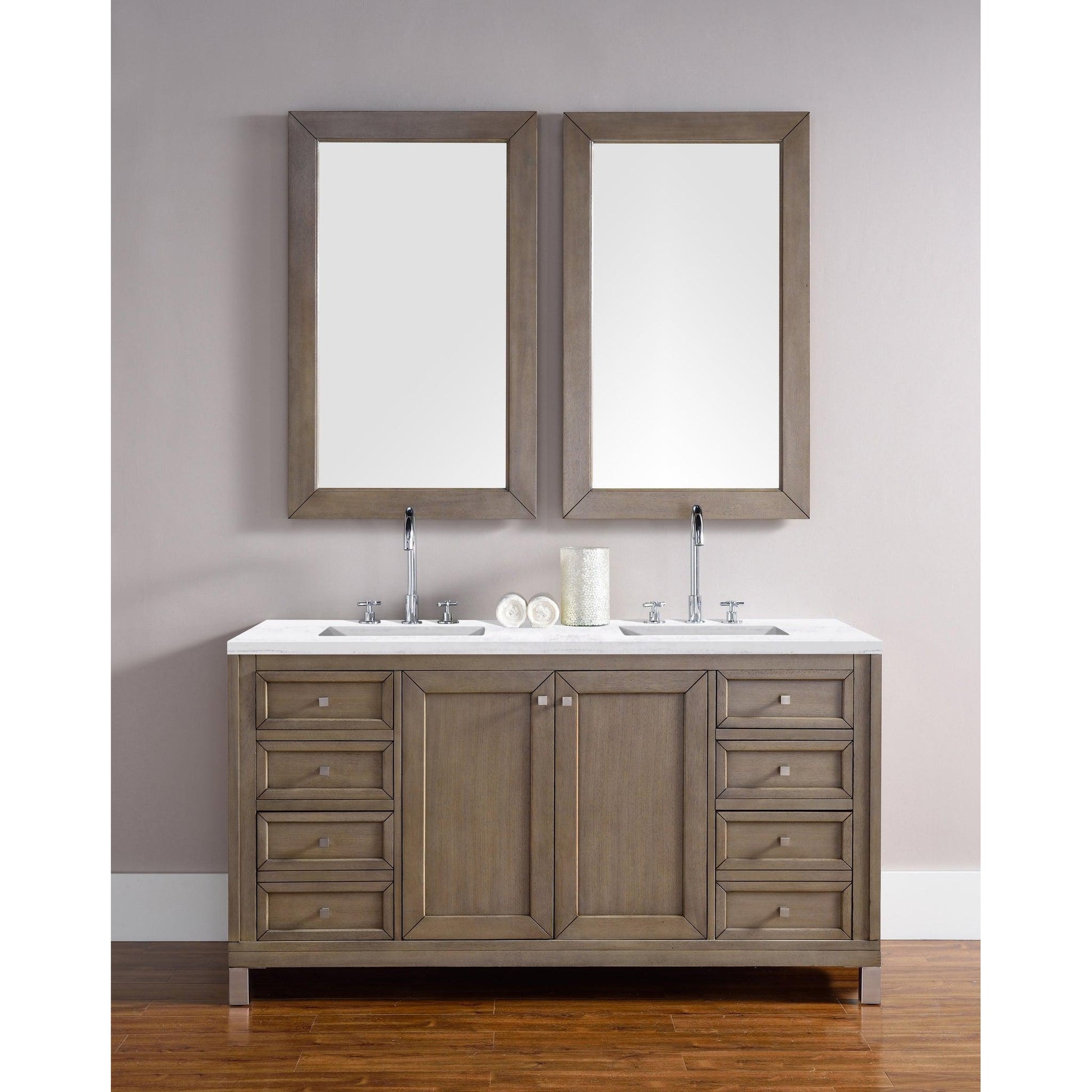 James Martin Chicago 60" Double Whitewashed Walnut Bathroom Vanity With 1" Arctic Fall Solid Surface Top and Rectangular Ceramic Sink