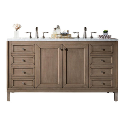 James Martin Chicago 60" Double Whitewashed Walnut Bathroom Vanity With 1" Arctic Fall Solid Surface Top and Rectangular Ceramic Sink