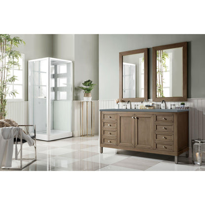 James Martin Chicago 60" Double Whitewashed Walnut Bathroom Vanity With 1" Cala Blue Quartz Top and Rectangular Ceramic Sink