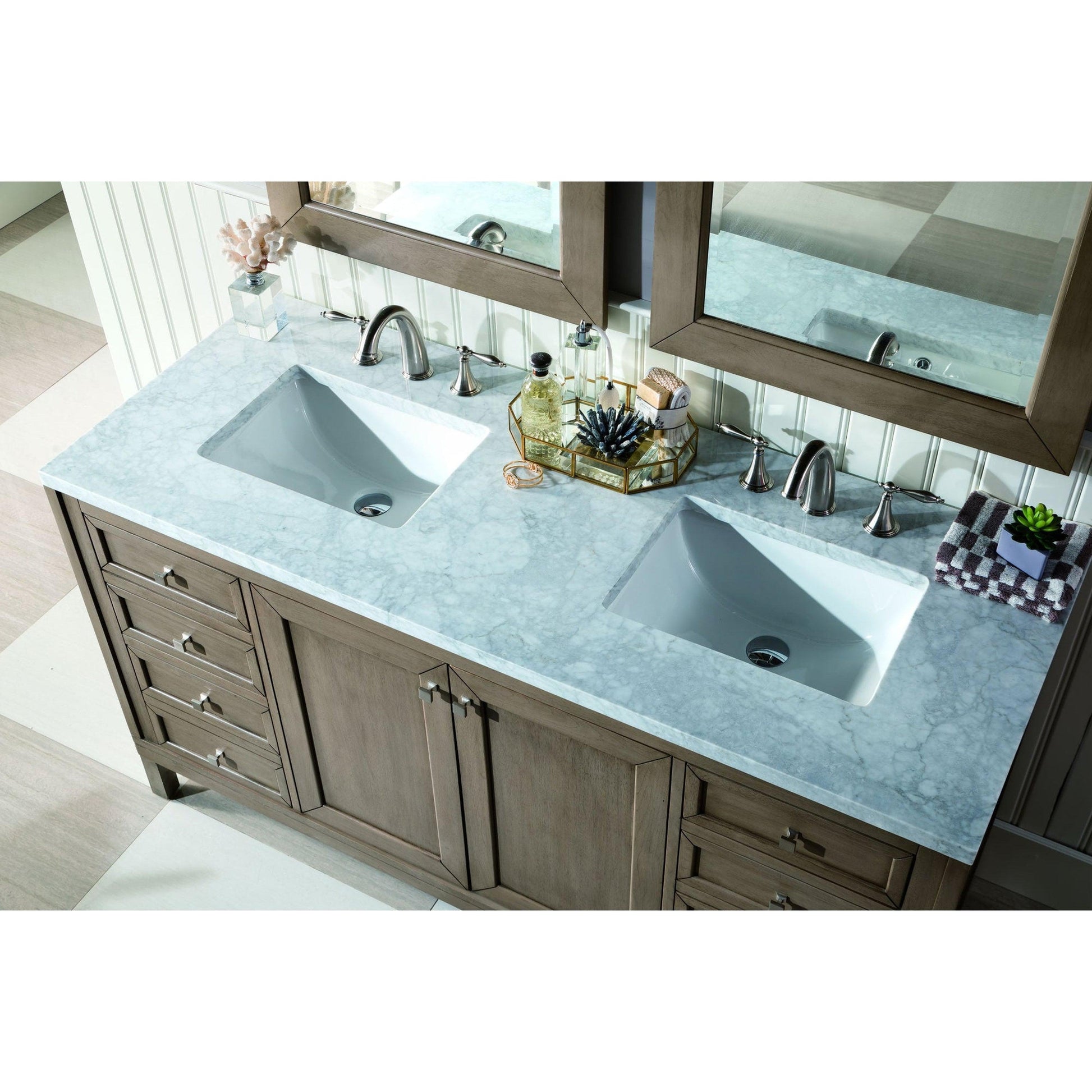 James Martin Chicago 60" Double Whitewashed Walnut Bathroom Vanity With 1" Carrara Marble Top and Rectangular Ceramic Sink