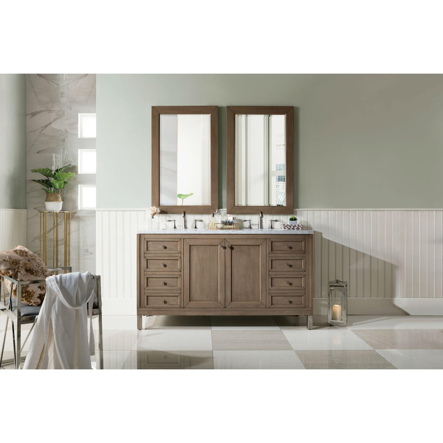 James Martin Chicago 60" Double Whitewashed Walnut Bathroom Vanity With 1" Carrara Marble Top and Rectangular Ceramic Sink