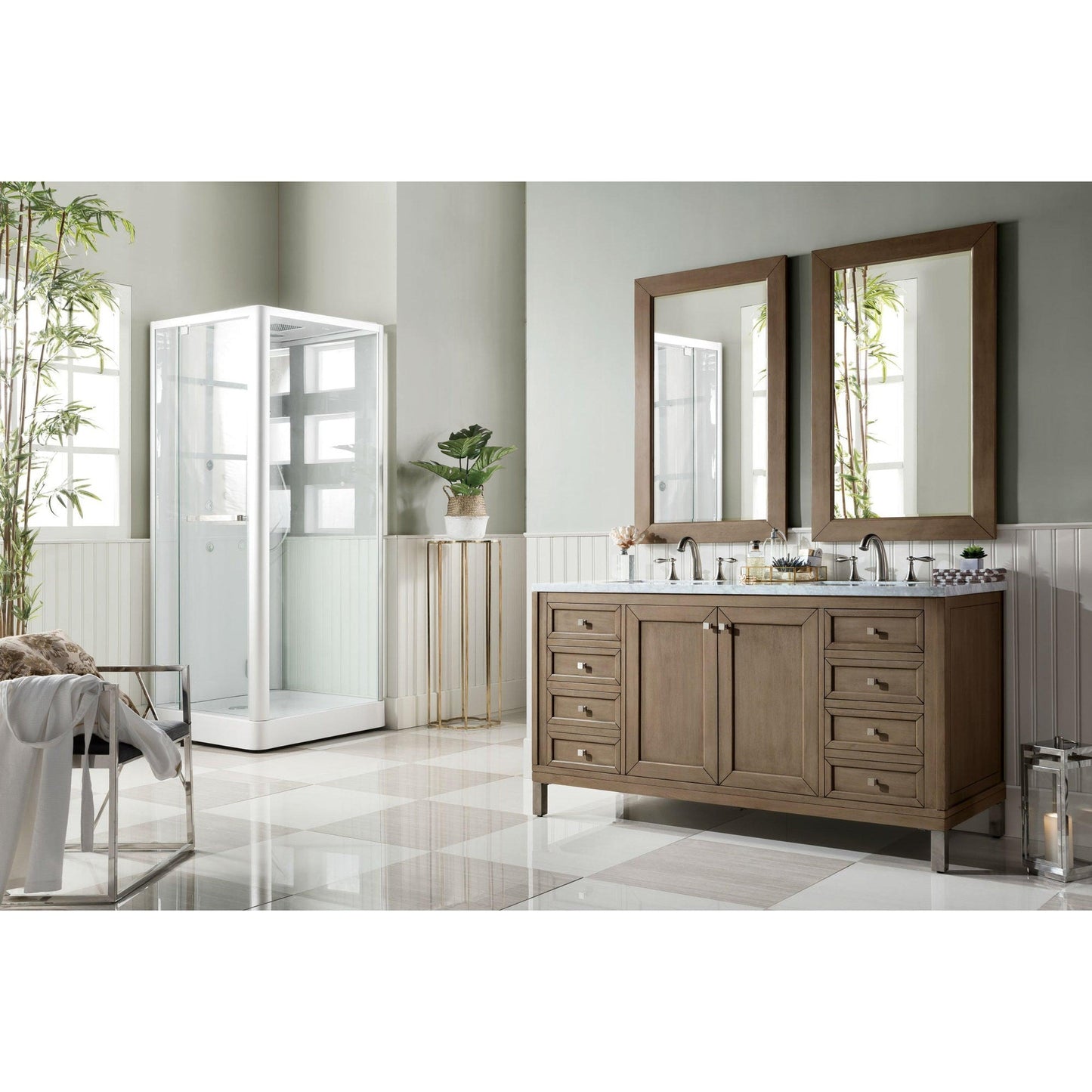 James Martin Chicago 60" Double Whitewashed Walnut Bathroom Vanity With 1" Carrara Marble Top and Rectangular Ceramic Sink