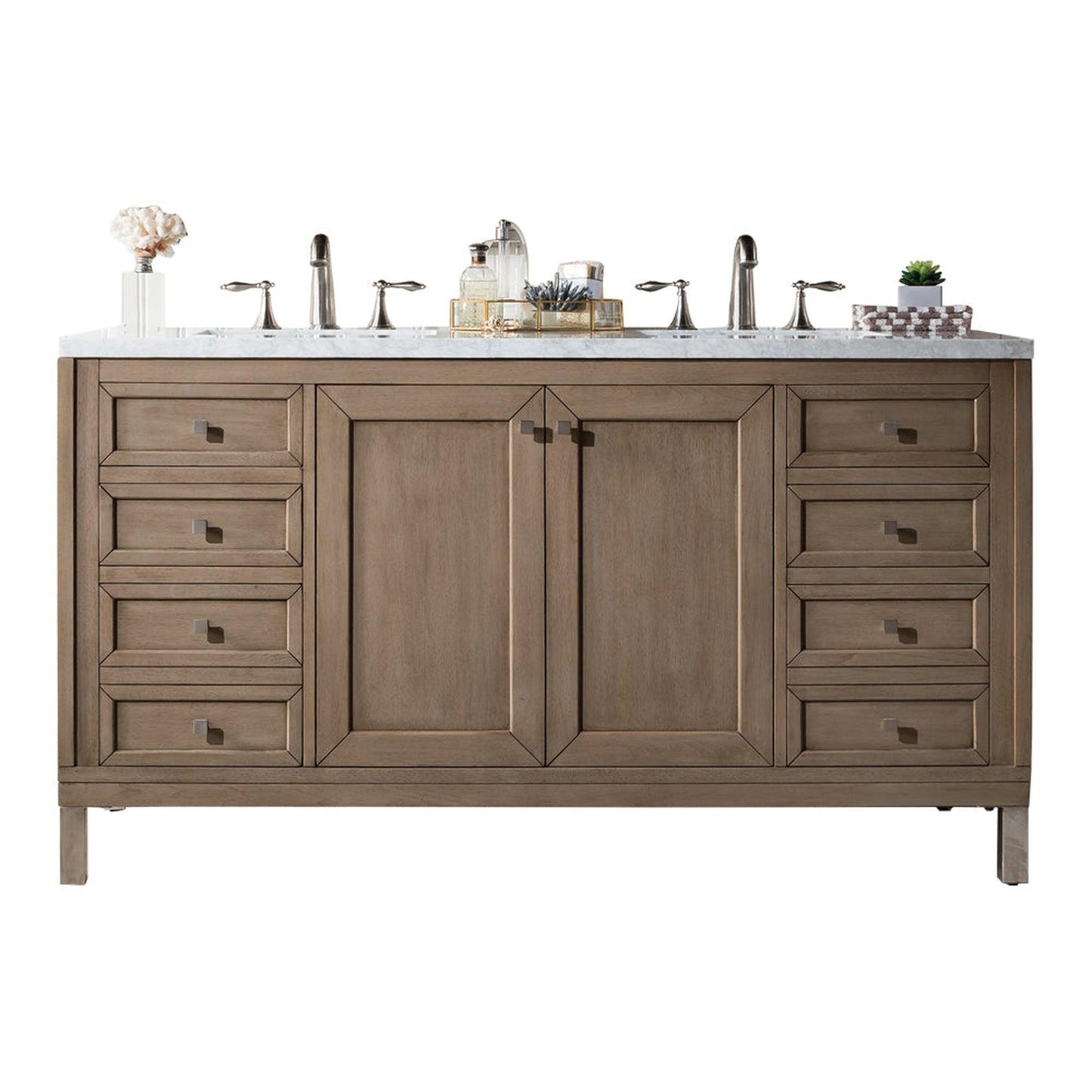 James Martin Chicago 60" Double Whitewashed Walnut Bathroom Vanity With 1" Carrara Marble Top and Rectangular Ceramic Sink