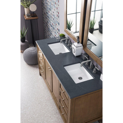 James Martin Chicago 60" Double Whitewashed Walnut Bathroom Vanity With 1" Charcoal Soapstone Quartz Top and Rectangular Ceramic Sink