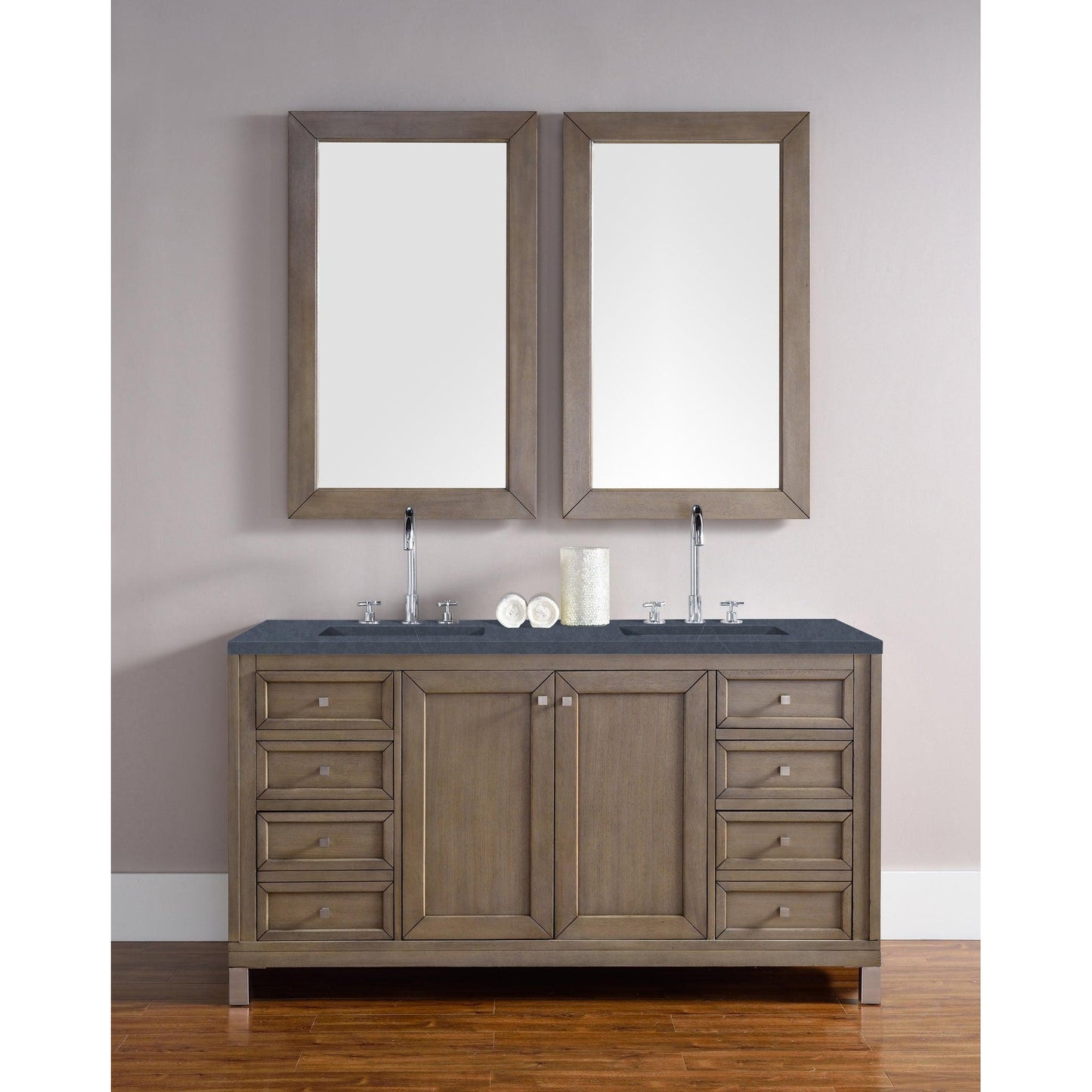 James Martin Chicago 60" Double Whitewashed Walnut Bathroom Vanity With 1" Charcoal Soapstone Quartz Top and Rectangular Ceramic Sink