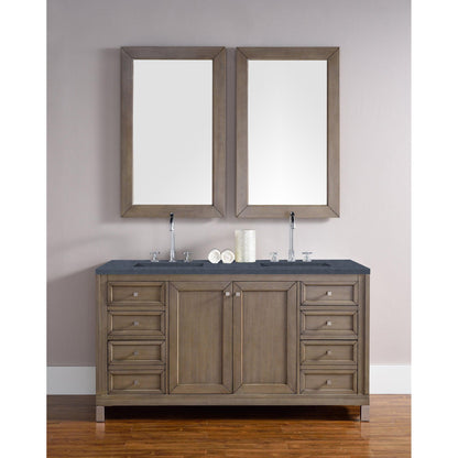 James Martin Chicago 60" Double Whitewashed Walnut Bathroom Vanity With 1" Charcoal Soapstone Quartz Top and Rectangular Ceramic Sink