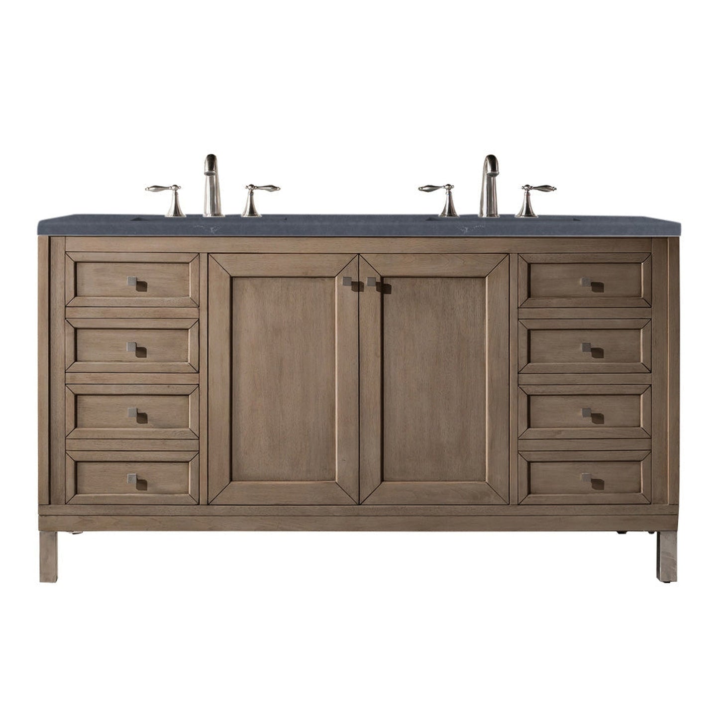 James Martin Chicago 60" Double Whitewashed Walnut Bathroom Vanity With 1" Charcoal Soapstone Quartz Top and Rectangular Ceramic Sink