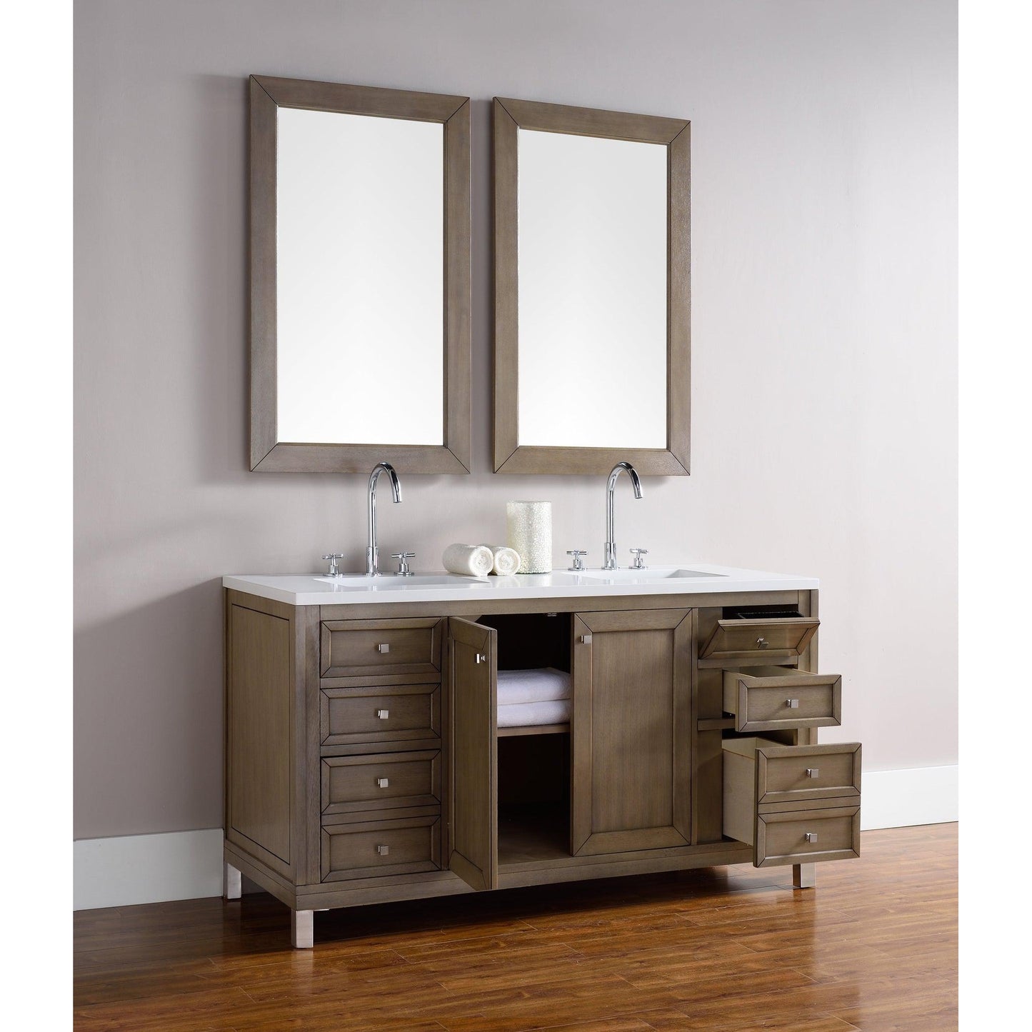 James Martin Chicago 60" Double Whitewashed Walnut Bathroom Vanity With 1" Classic White Quartz Top and Rectangular Ceramic Sink