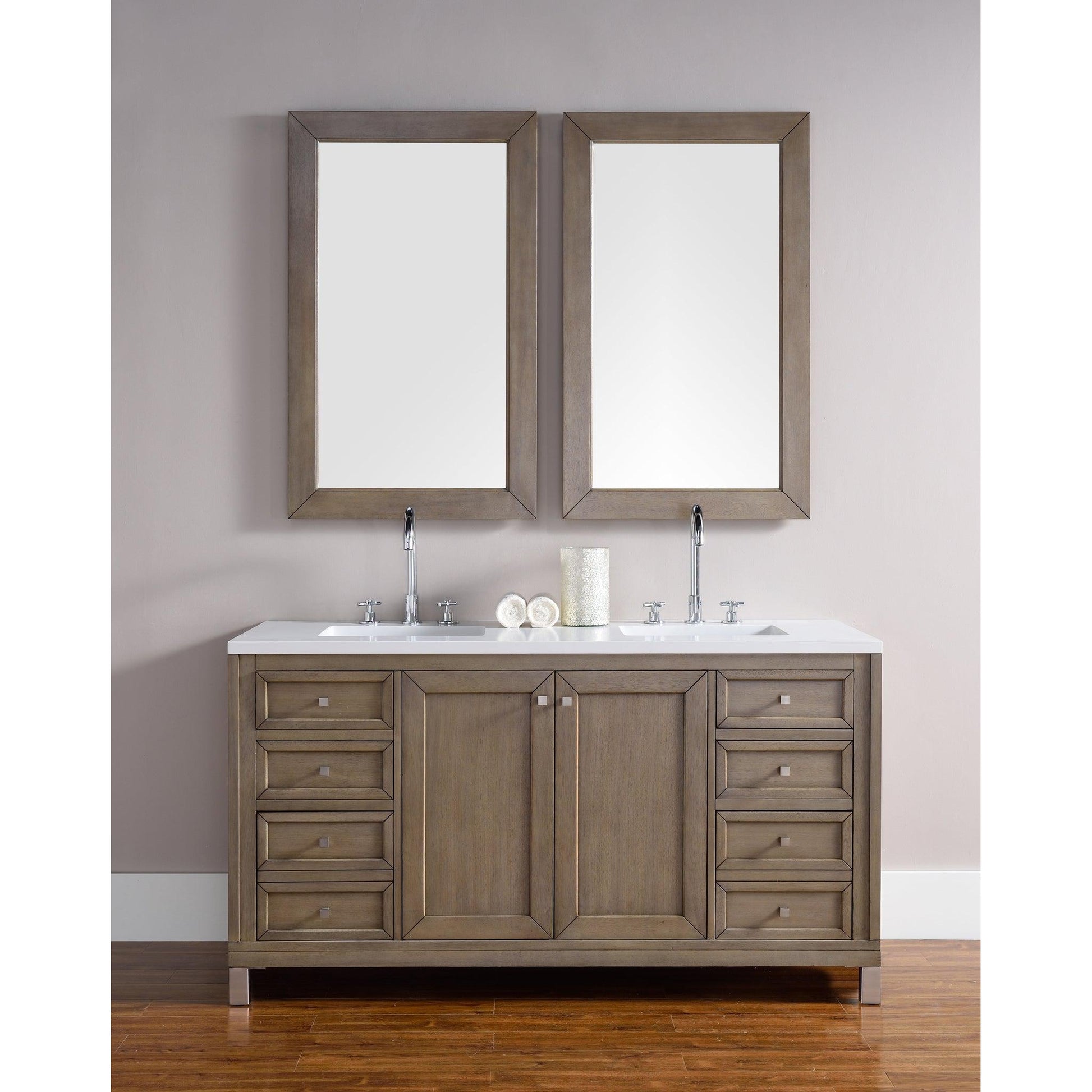 James Martin Chicago 60" Double Whitewashed Walnut Bathroom Vanity With 1" Classic White Quartz Top and Rectangular Ceramic Sink
