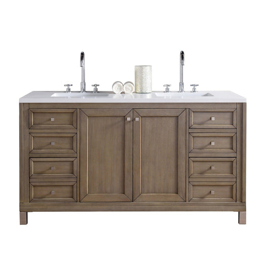 James Martin Chicago 60" Double Whitewashed Walnut Bathroom Vanity With 1" Classic White Quartz Top and Rectangular Ceramic Sink