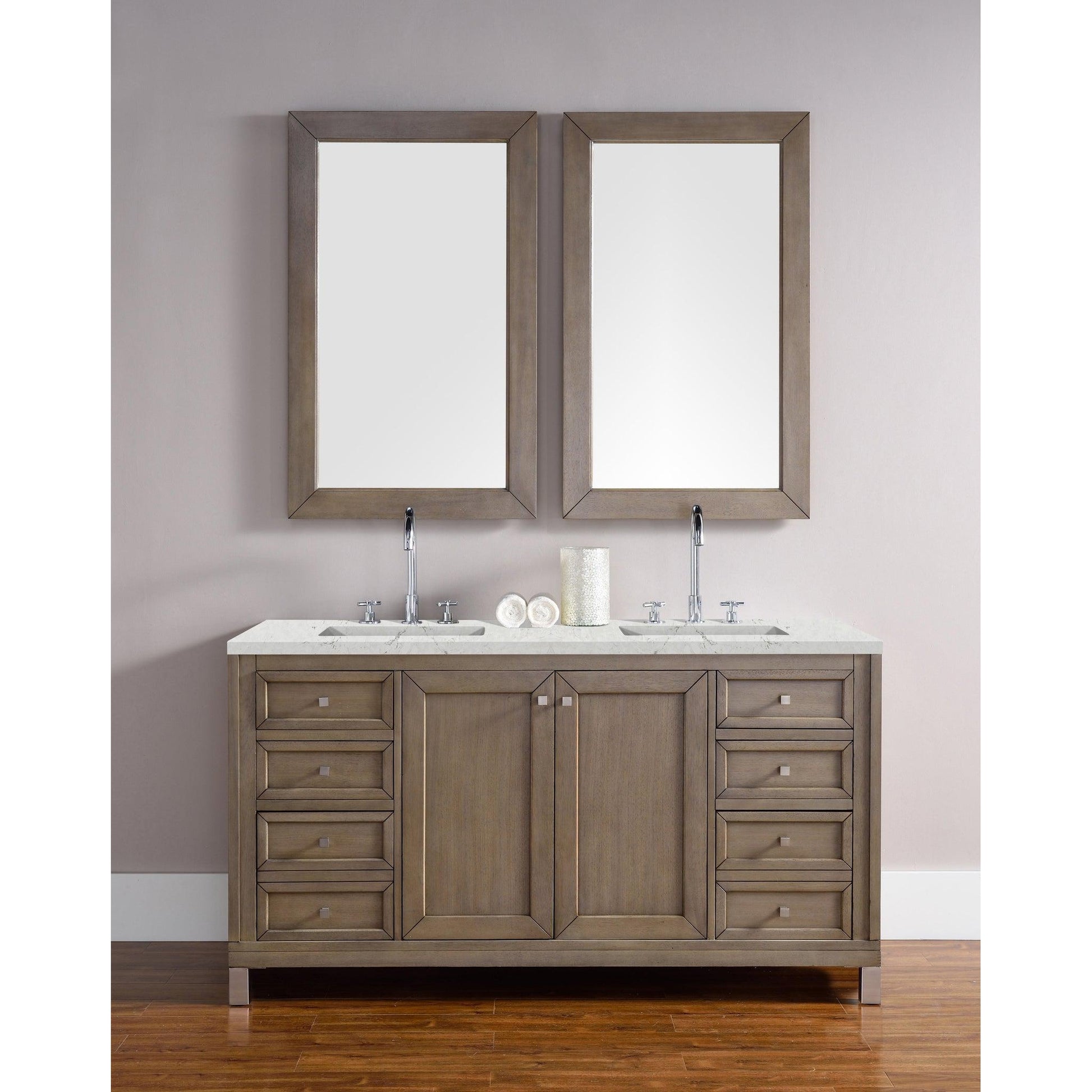 James Martin Chicago 60" Double Whitewashed Walnut Bathroom Vanity With 1" Eternal Jasmine Pearl Quartz Top and Rectangular Ceramic Sink