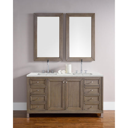 James Martin Chicago 60" Double Whitewashed Walnut Bathroom Vanity With 1" Eternal Jasmine Pearl Quartz Top and Rectangular Ceramic Sink