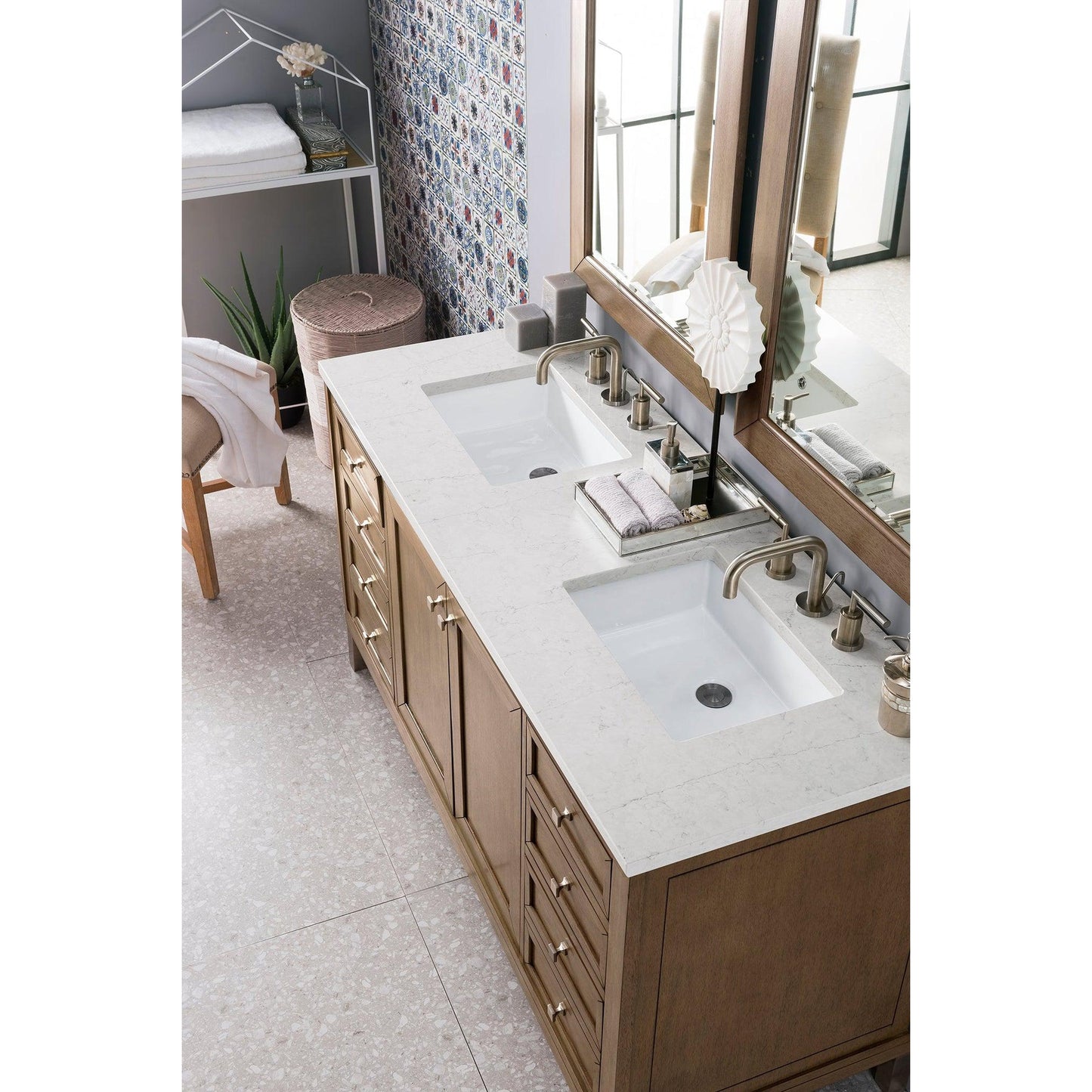 James Martin Chicago 60" Double Whitewashed Walnut Bathroom Vanity With 1" Eternal Jasmine Pearl Quartz Top and Rectangular Ceramic Sink