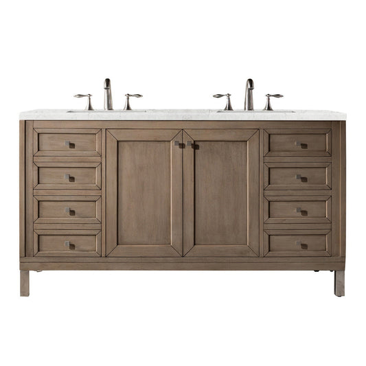 James Martin Chicago 60" Double Whitewashed Walnut Bathroom Vanity With 1" Eternal Jasmine Pearl Quartz Top and Rectangular Ceramic Sink