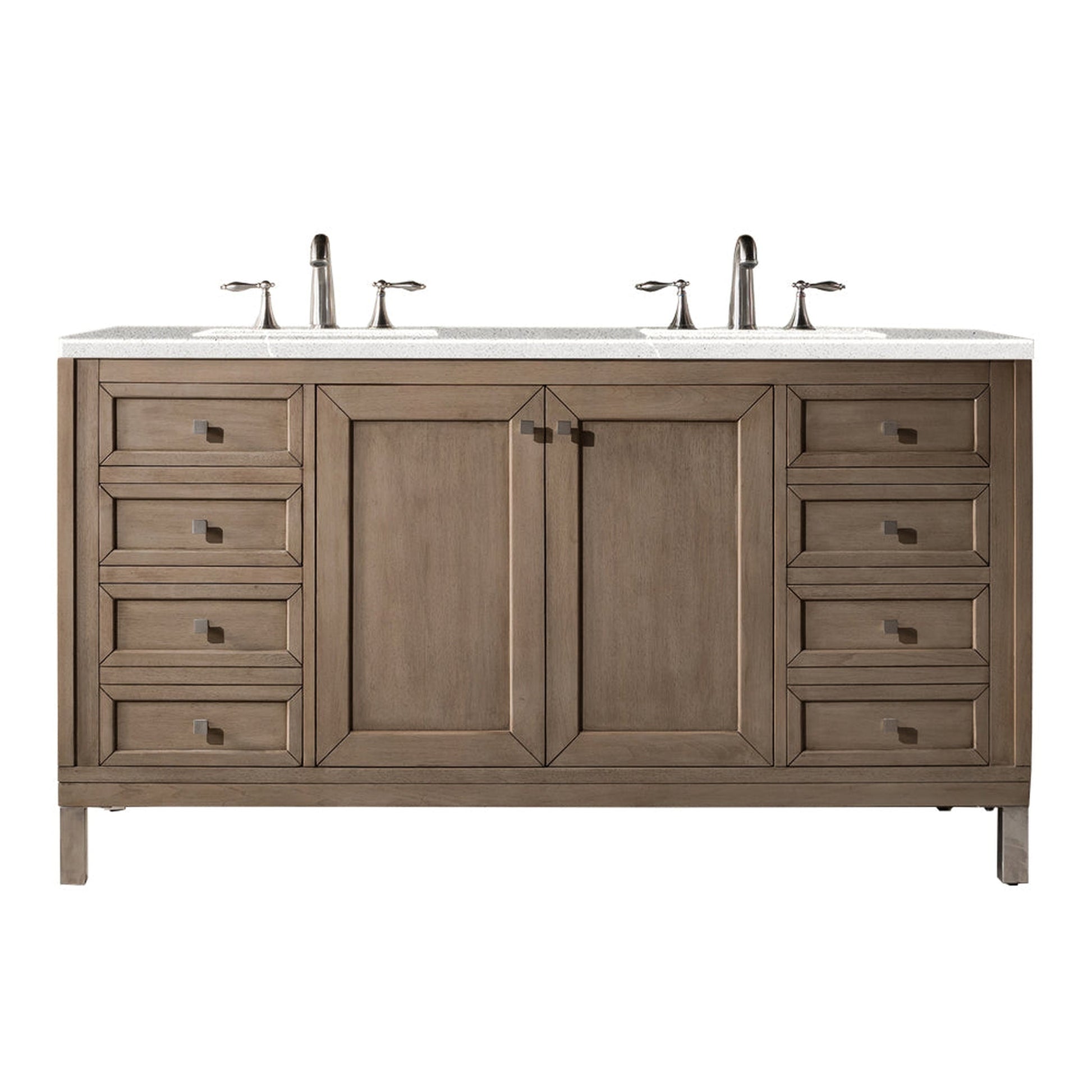 James Martin Chicago 60" Double Whitewashed Walnut Bathroom Vanity With 1" Eternal Serena Quartz Top and Rectangular Ceramic Sink