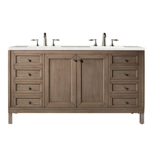 James Martin Chicago 60" Double Whitewashed Walnut Bathroom Vanity With 1" Eternal Serena Quartz Top and Rectangular Ceramic Sink