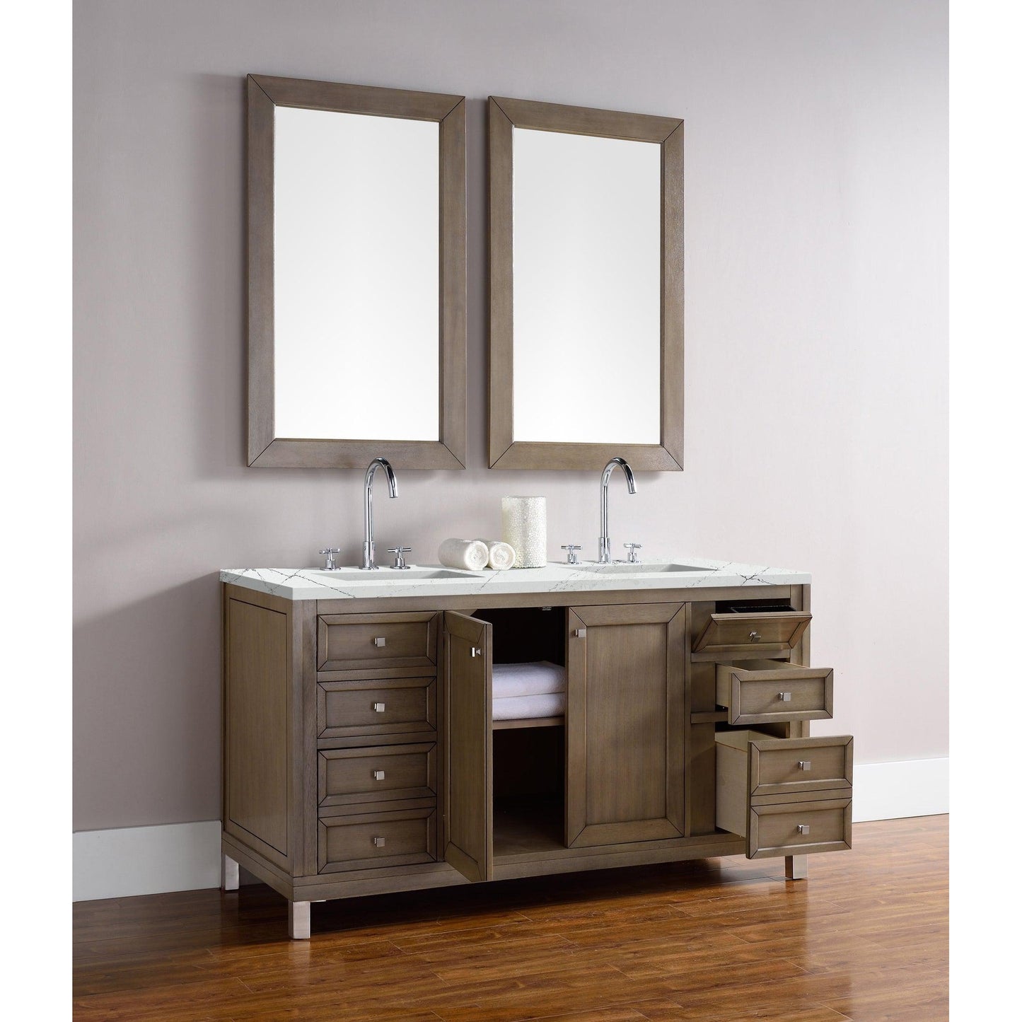 James Martin Chicago 60" Double Whitewashed Walnut Bathroom Vanity With 1" Ethereal Noctis Quartz Top and Rectangular Ceramic Sink