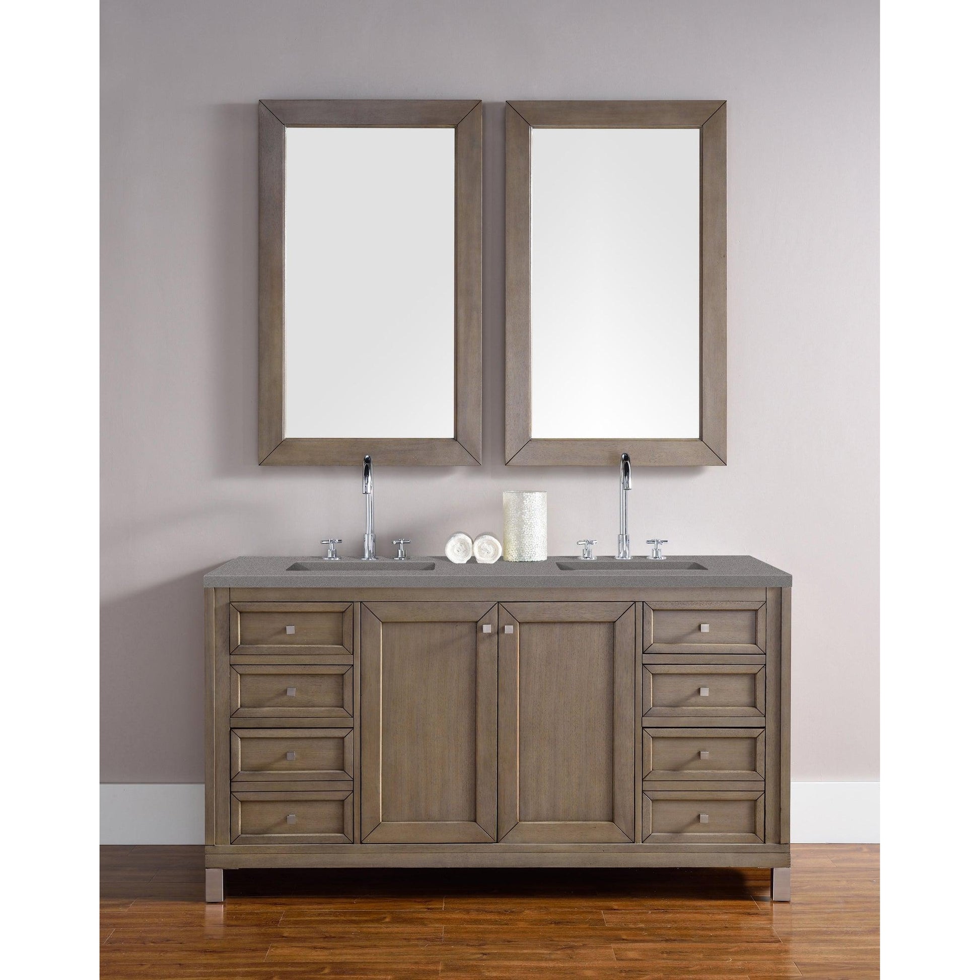James Martin Chicago 60" Double Whitewashed Walnut Bathroom Vanity With 1" Gray Expo Quartz Top and Rectangular Ceramic Sink