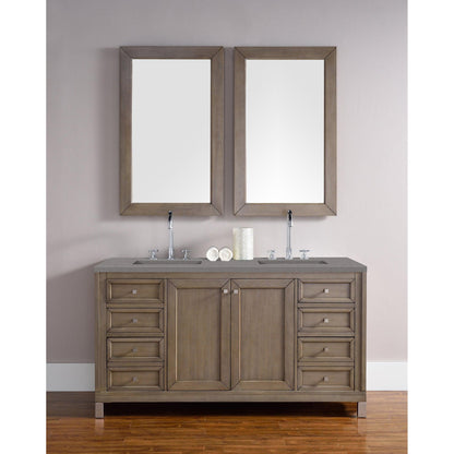 James Martin Chicago 60" Double Whitewashed Walnut Bathroom Vanity With 1" Gray Expo Quartz Top and Rectangular Ceramic Sink