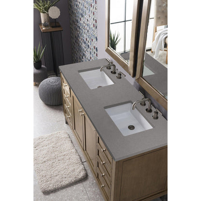 James Martin Chicago 60" Double Whitewashed Walnut Bathroom Vanity With 1" Gray Expo Quartz Top and Rectangular Ceramic Sink