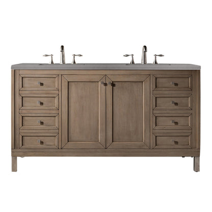 James Martin Chicago 60" Double Whitewashed Walnut Bathroom Vanity With 1" Gray Expo Quartz Top and Rectangular Ceramic Sink