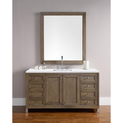 James Martin Chicago 60" Single Whitewashed Walnut Bathroom Vanity With 1" Arctic Fall Solid Surface Top and Rectangular Ceramic Sink