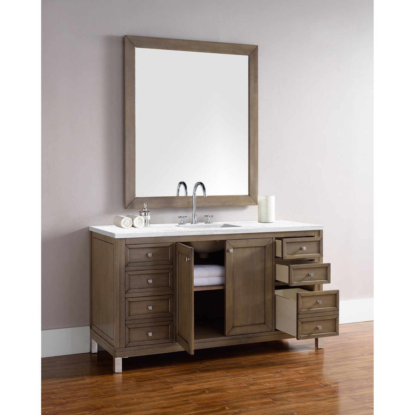 James Martin Chicago 60" Single Whitewashed Walnut Bathroom Vanity With 1" Arctic Fall Solid Surface Top and Rectangular Ceramic Sink