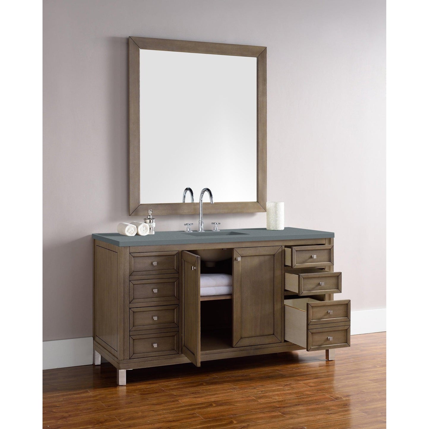 James Martin Chicago 60" Single Whitewashed Walnut Bathroom Vanity With 1" Cala Blue Quartz Top and Rectangular Ceramic Sink